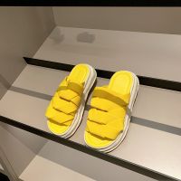 黄色 35 弹力编织带沙滩拖鞋女2021夏外穿ins潮平底凉拖鞋松紧带罗马凉鞋