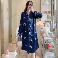 长袖长裙-蓝小鹤 M码(80-105斤) 长款过膝睡裙女冰丝长袖春秋季大码200斤真丝绸感冬款睡衣