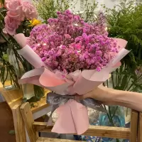 粉色+礼袋+LED灯 满天星干花花束鲜花成品礼袋盒装真花情人节送男女朋友勿忘我礼物