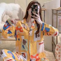 黄底漫画女孩 L 人造棉睡衣女春秋天长袖薄款棉绸家居服日系可爱绵绸套装可外穿夏