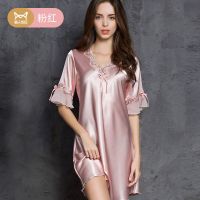 粉红 M 80-100斤 猫人睡裙夏季薄款短袖冰丝连衣裙女性感迷人V领蕾丝韩版高档睡衣