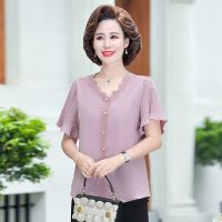 藕粉色[一件上衣] XL [建议80-110斤] 中年妈妈装夏装套装雪纺衫短袖T恤上衣裤子两件套中老年女装小衫