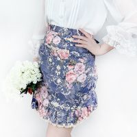 蓝色 女时尚可爱半身围裙防水油花边田园风半截短款碎花餐厅夏工作围腰