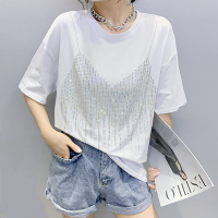 白色 M 重工烫钻短袖t恤女夏欧货大版中长款宽松上衣潮牌白色体恤半袖潮