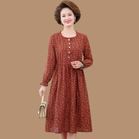 铁锈红 XL建议90-110斤 妈妈碎花中长款连衣裙中年妇女棉麻收腰时尚中老年人春秋长袖裙子