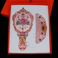 中号 玫瑰金 牡丹花 景泰蓝复古风化妆镜手柄镜子梳子套装旅游纪念品桌面宿舍学生化妆