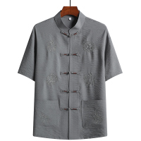 吉祥如意深灰色[单件上衣] 39/165[建议90-115斤] 中老年唐装男士爷爷夏季衣服爸爸短袖套装中国风棉麻老人亚麻