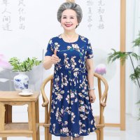蓝底花 [孝敬老人 就送素柜老年装] 奶奶装夏装短袖连衣裙棉绸60岁70中老年人女老人妈妈绵绸长裙子