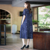 蓝色 L 80-100斤 胖妈妈装秋装棉麻连衣裙加肥加大码女装中老年人秋季洋气宽松裙子