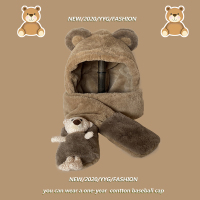 卡其 三件套 可爱小熊玩偶~韩版秋冬毛绒帽子围巾手套一体三件套学生保暖围脖
