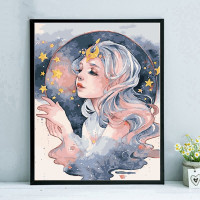 粉红色 X072花宴少女 40*50cm绷好1.6cm厚内框 彩色画板+颜料+画笔 数字油画diy卡通动漫阴阳师减压装饰