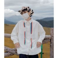 白色[送编制彩带] M 个性彩色编织带衬衫男韩版潮流春秋小众设计感宽松垂感长袖白衬衣