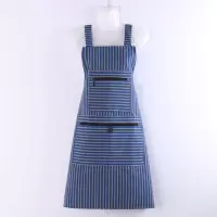 双拉链口袋蓝色 夏季围裙工作服耐磨耐脏上班干活围裙罩衣棉麻罩衣透气厨房围裙