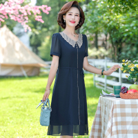 藏青 L 妈妈连衣裙夏装洋气高贵中年女装40岁50中老年人夏季雪纺裙子气质