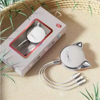 银色-1米-彩盒装 卡通小猫一拖三充电线三合一伸缩快充线适用苹果安卓手机数据线