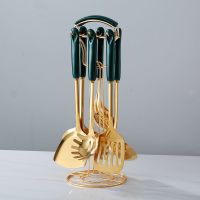 厨具6件套+收纳架(墨绿色) 厨具锅铲套装汤勺铲子防烫陶瓷铲勺全套家用北欧厨房用具不锈钢