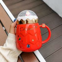 红色[带盖500ml] 圣诞节礼物陶瓷马克杯带盖勺女高颜值情侣水杯家用咖啡杯子办公室