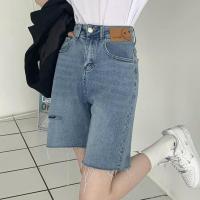 图片色 S 复古港味ins夏季五分裤女韩版高腰破洞牛仔短裤休闲毛边a字热裤潮