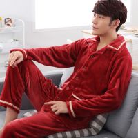 3086# 标准码L码 体重115-135 高档睡衣男加厚法兰绒中青年秋冬季家居服加肥大码珊瑚绒套装