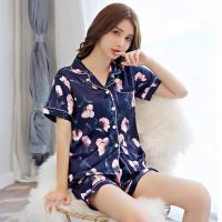 163#短袖 短裤[蓝色花] M码[80-98斤可穿] 睡衣女夏季长袖冰丝薄款两件套韩版性感卡通ins夏天真丝绸家居服