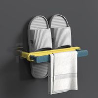 (1-2双)蓝-小号% 推拉杆(拖鞋/毛巾两用) 拖鞋架免打孔浴室可折叠壁挂式简易门后鞋架卫生间置物架毛巾架