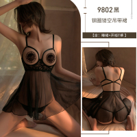 9802黑[镂空睡裙+开裆T裤] 均码(建议体重80-130斤) 情趣睡衣性感内衣挑逗激情性趣套装骚火辣透明衣服情绪制服