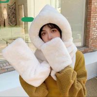 帽子围脖米白色 帽子围巾手套三件套女冬季加绒加厚保暖米奇小熊耳朵仿兔毛绒围脖