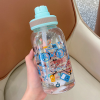 蓝色600ml带吸管 000ml大容量玻璃杯潮流个性耐高温带茶隔水杯ins森系女大号水瓶