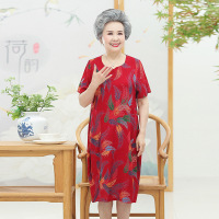 红色麦穗 XL[建议100斤以内] 中老年人连衣裙女奶奶夏装棉绸裙子中长款夏季妈妈大码宽松直筒裙