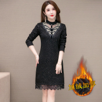 黑色 XL 中年妈妈秋冬装连衣裙中长款加绒加厚中老年人女打底衫保暖裙子