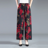 [2101阔腿]1号色红凤尾 小码[建议100以下] 夏季薄款中老年妈妈裤棉绸宽松灯笼裤大码高腰花裤子松紧腰阔腿裤