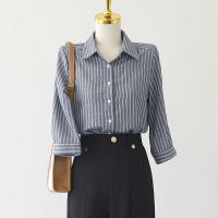 蓝色 S 条纹衬衫女夏七分袖时尚休闲polo领职业装衬衣小众设计感棉麻上衣