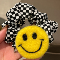 黄色笑脸 棋盘肠圈 韩国东大门秋冬毛毡笑脸大肠发圈高马尾扎头发皮筋简约棋盘格发绳
