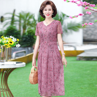 粉色 XL 妈妈夏装短袖连衣裙中长款修身显瘦中老年人女雪纺碎花长裙子高贵