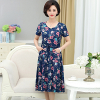 红花 XL[建议90-105斤] 棉绸妈妈夏装连衣裙时尚大码50-60岁中老年人女装夏天过膝长裙子
