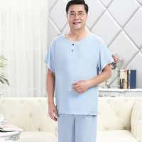 套头浅蓝(短袖+七分裤) L(建议110斤以内) 睡衣男士夏季绵绸套装宽松短袖棉绸家居服夏天薄款中老年大码套装