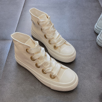 米色5cm内外总跟 35 丝带款帆布鞋女单鞋隐形内增高中跟5cm绑带高帮鞋秋休闲小白鞋春