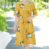 黄色 XL建议90-105斤 妈妈夏装天丝棉洋气连衣裙中年女短袖中长款裙子中老年人气质长裙