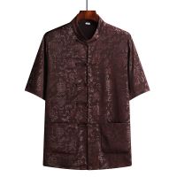 橄榄棕 [单件上衣] 38 适合90-115斤 中老年唐装男士爷爷夏季薄款短袖老人衣服中国风短袖套装婚礼爸爸