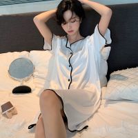 白色[普通版] XXXS 建议30-50斤 冰丝睡裙女夏季白色丝绸短袖开衫宽松大码中长款仿真丝性感睡衣