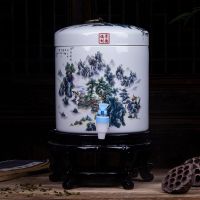 山水如画10斤水缸送水龙头无底座 景德镇大容量耐高温陶瓷凉白开凉水壶大茶壶带龙头茶壶家用冷水壶