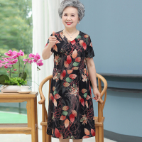 红色 L[建议80-95斤] 中老年人夏装女奶奶裙子老人过膝连衣裙妈妈短袖棉绸长裙老人衣服