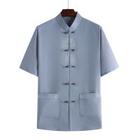 (冰丝棉)单件上衣短袖胸口绣花灰蓝色 39/165建议90-115斤 唐装男中国风套装中老年爸爸装汉服男夏季薄款短袖冰丝