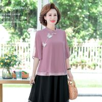 紫色[一件上衣] XL [建议80-110斤] 中年妈妈装夏装套装雪纺衫中袖上衣裤子两件套中老年女装改良旗袍