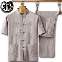 福龙卡其色[套装] 39[90-115斤] 大码中老年男士棉麻套装唐装男亚麻短袖夏季宽松中国风爸爸爷爷装