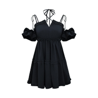 黑色 均码 春季度假时尚气质绑带性感小黑裙交叉系带高腰吊带A字连衣裙短裙