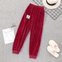 手比心酒红色加厚单条裤 M码 建议 80-100斤 睡裤女冬加厚珊瑚绒暖暖裤外穿家居裤法兰绒加绒加厚睡衣裤女单条