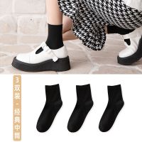 [经典中筒]3双黑色 普棉 黑袜子女配小皮鞋韩版中筒袜黑色袜子春秋jk堆堆袜夏季薄款女袜