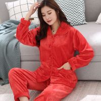 1872大红色(圆领口袋) M码[建议80-100斤] 珊瑚绒睡衣女士秋冬季长袖加厚加绒保暖法兰绒中年妈妈家居服套装
