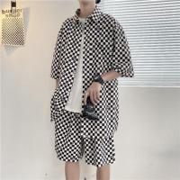 黑色(品质高于同行) M收藏店铺+售后保证 潮流冰丝格子衬衫套装男短袖短裤夏季薄款宽松大码痞帅休闲男装夏